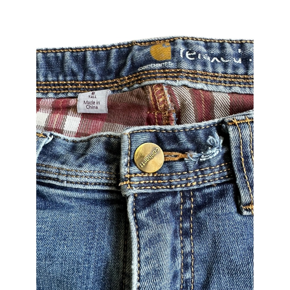 Carhartt Flannel Lined Straight Leg Jeans Women 6 Tall Workwear Denim Blue Pants - Picture 2 of 7